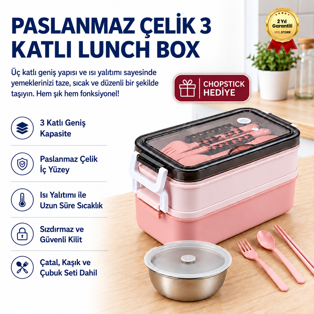 Pembe Paslanmaz Çelik 3 Katlı Yemek Taşıma Kabı Isı Yalıtımlı Lunch Box 