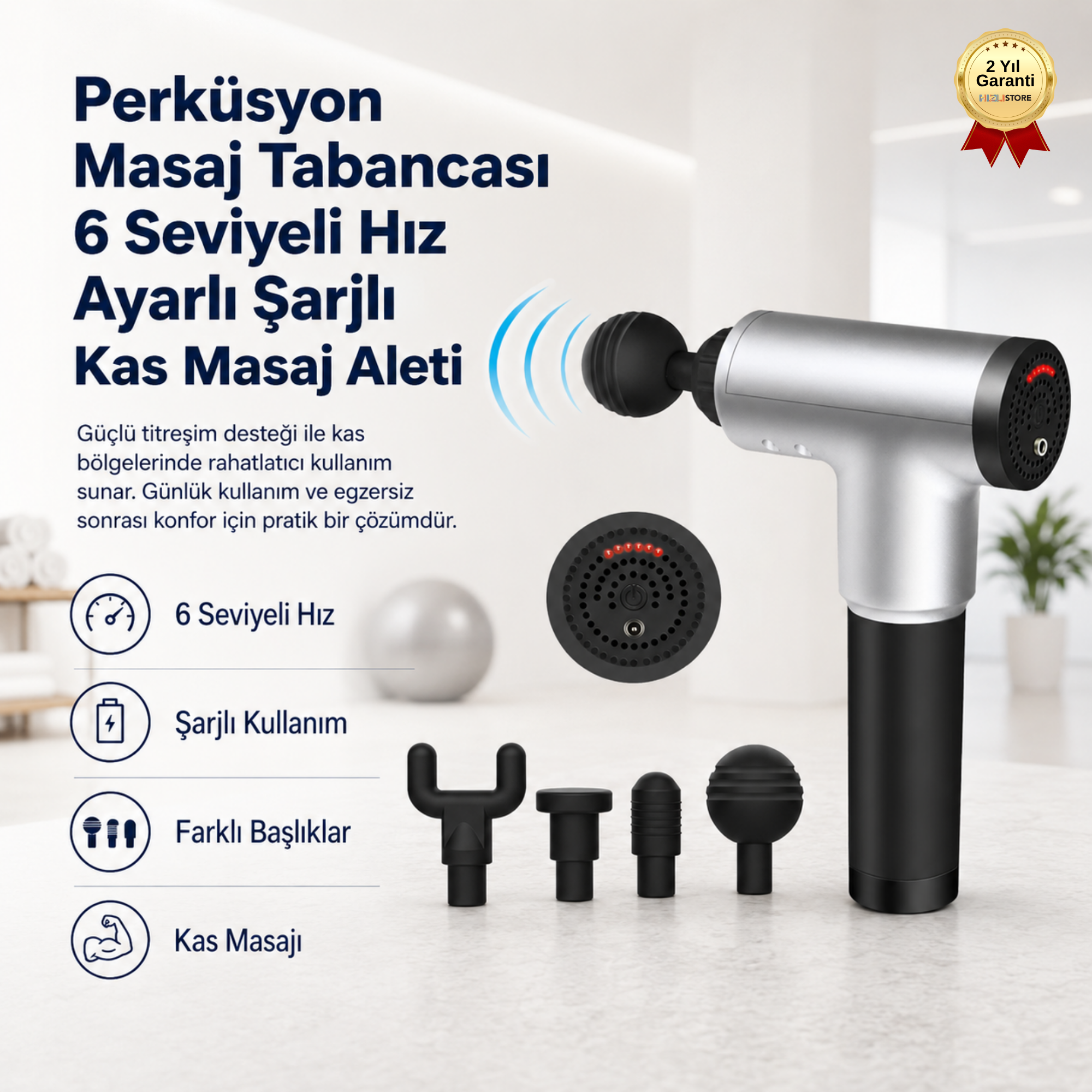 Perküsyon Masaj Tabancası 6 Seviyeli Şarjlı Kas Masaj Aleti Çok Kademeli Hız Ayarlı 