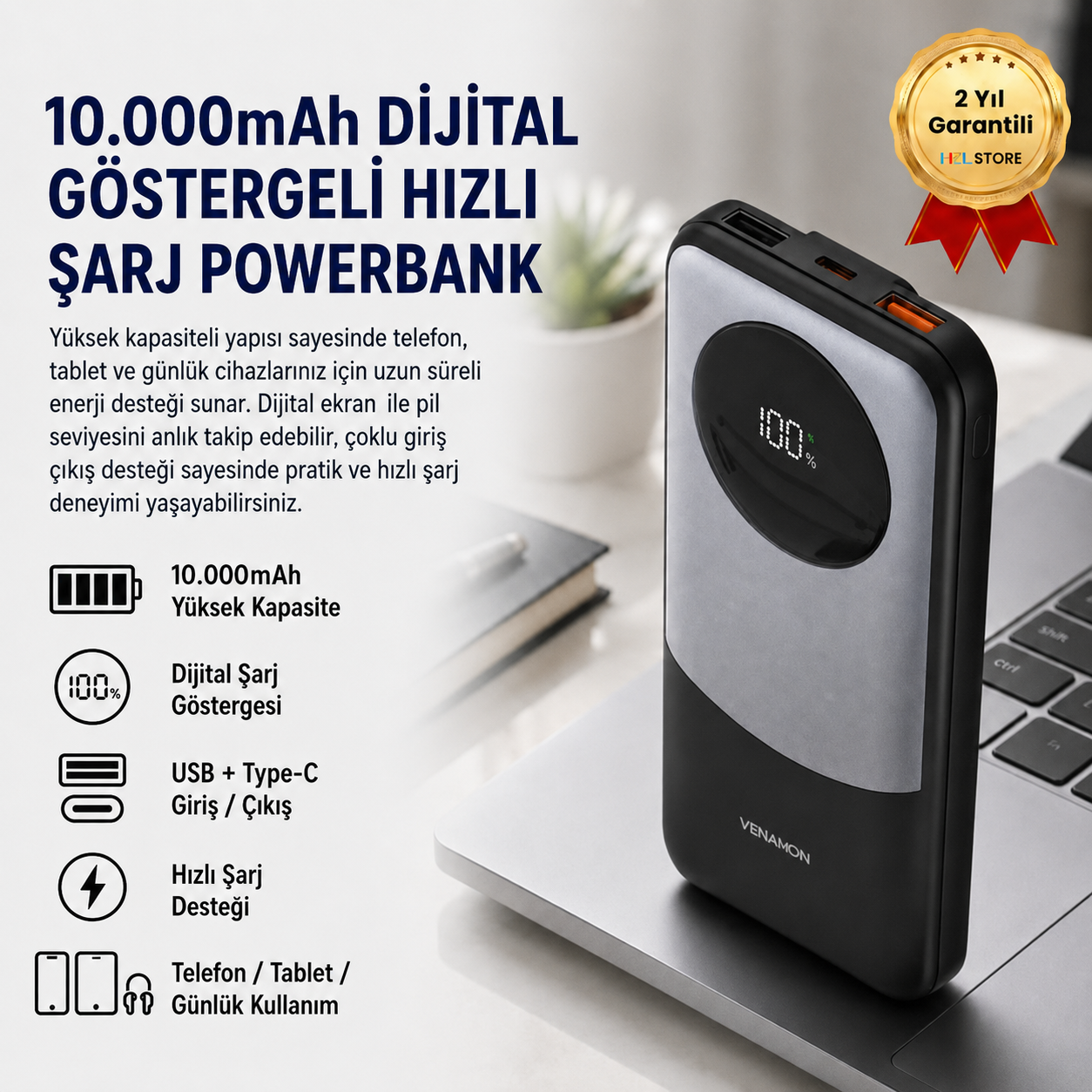 Powerbank 10.000 mAh 22.5W Hızlı Şarjlı Dijital Göstergeli Taşınabilir Şarj Cihazı 