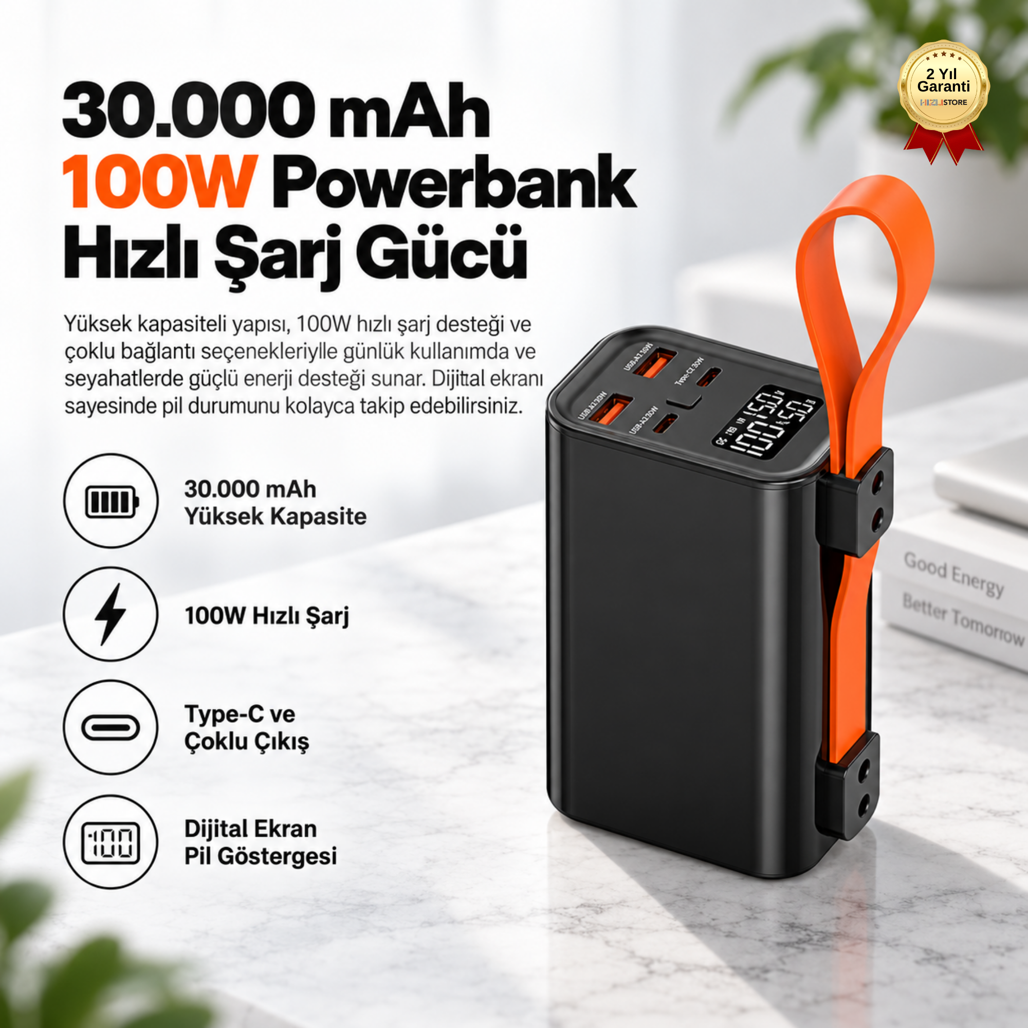 Powerbank 100W Hızlı Şarjlı 30.000 mAh Powerbank Çoklu Portlu Taşınabilir Şarj Cihazı 