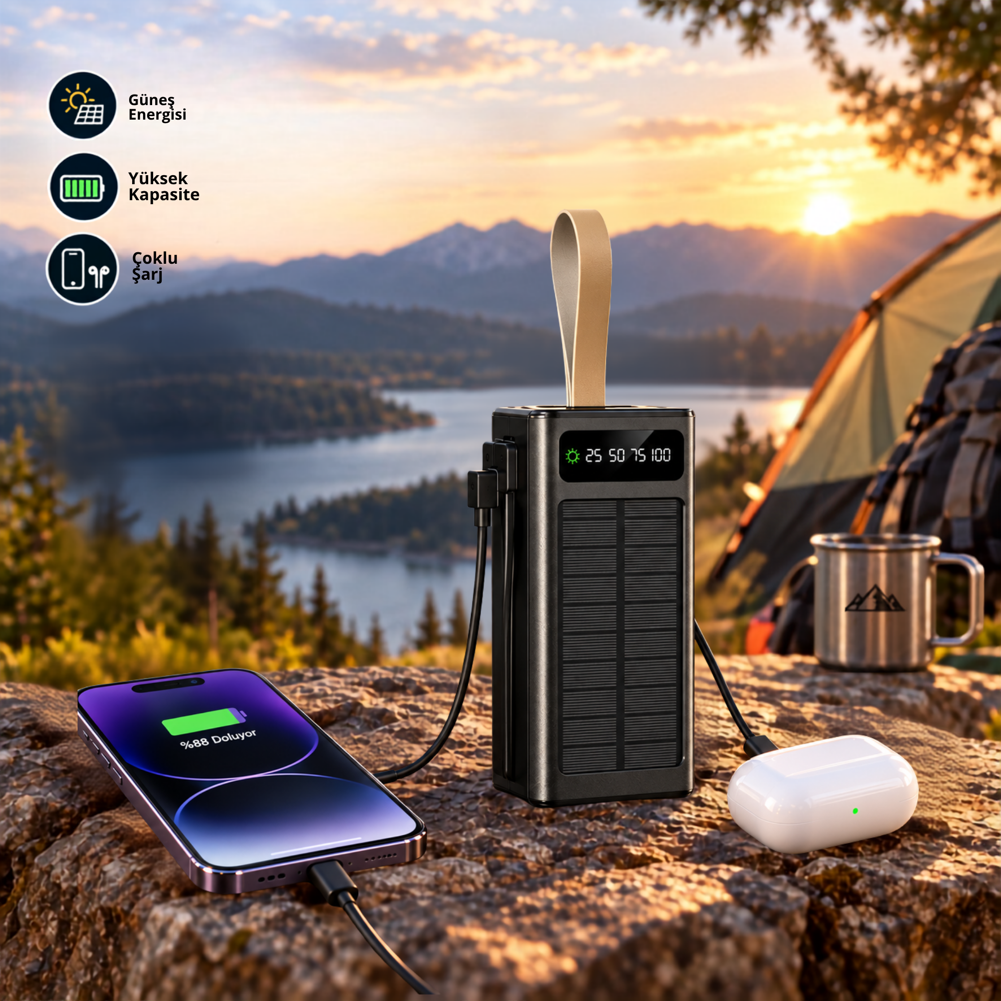 Powerbank 50000 mAh Taşınabilir Solar  Şarj Cihazı Hızlı Şarj Cihazı 
