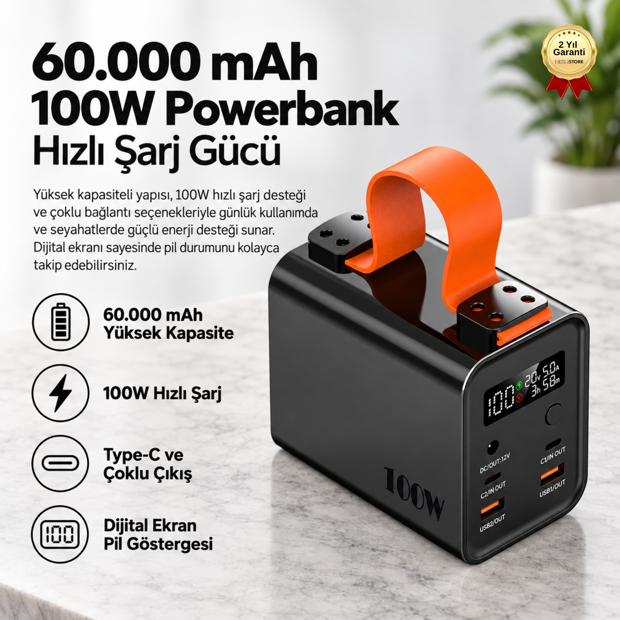 Powerbank 60.000 mAh 100W Hızlı Şarj Type-C Dijital Ekranlı Taşınabilir Güç Kaynağı 