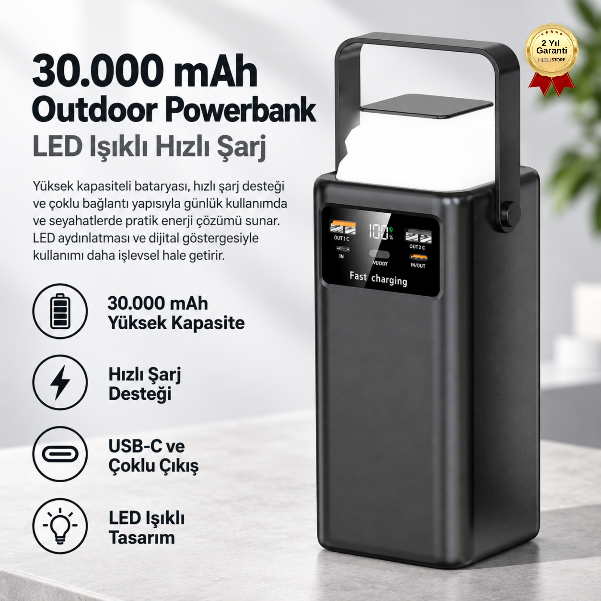 Powerbank  Yüksek Kapasiteli 30.000 mAh USB-C LED Işıklı  Outdoor Taşınabilir Şarj Cihazı 