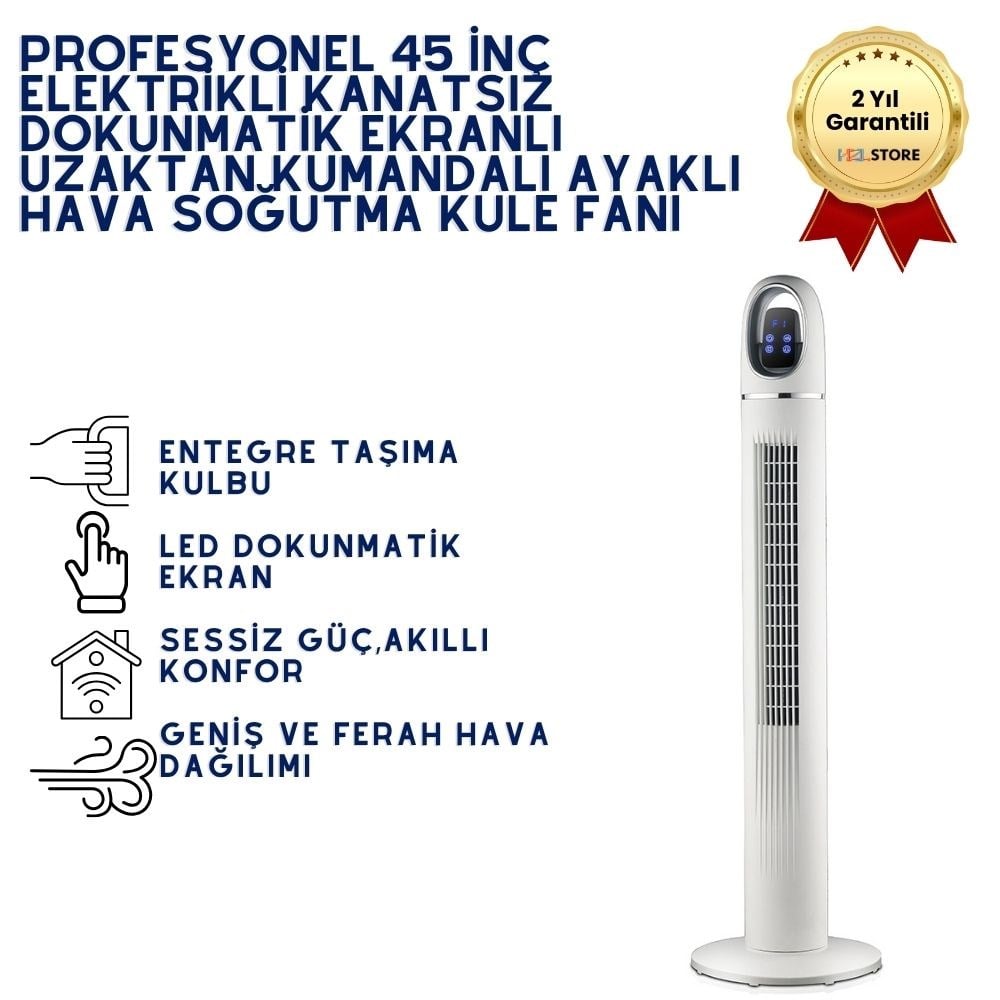 Profesyonel 50 İnç Elektrikli Kanatsız Dokunmatik Ekranlı Uzaktan Kumandalı Ayaklı Hava Soğutma Kule Fanı  