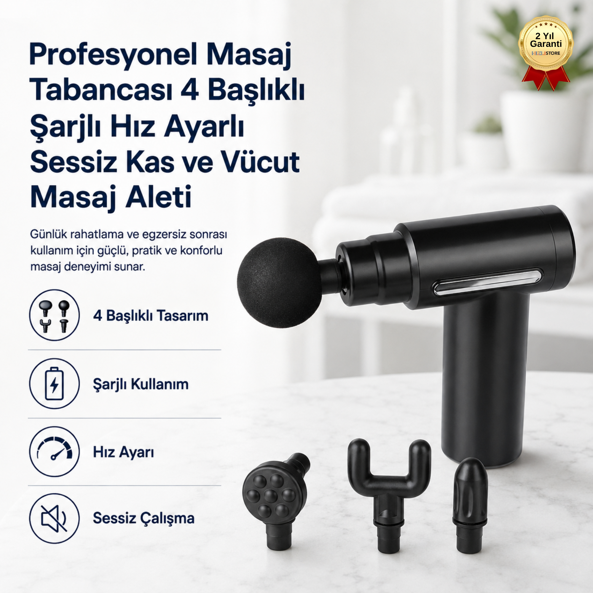 Profesyonel Masaj Tabancası 4 Başlıklı Şarjlı Hız Ayarlı Sessiz Kas ve Vücut Masaj Aleti başlık bu 