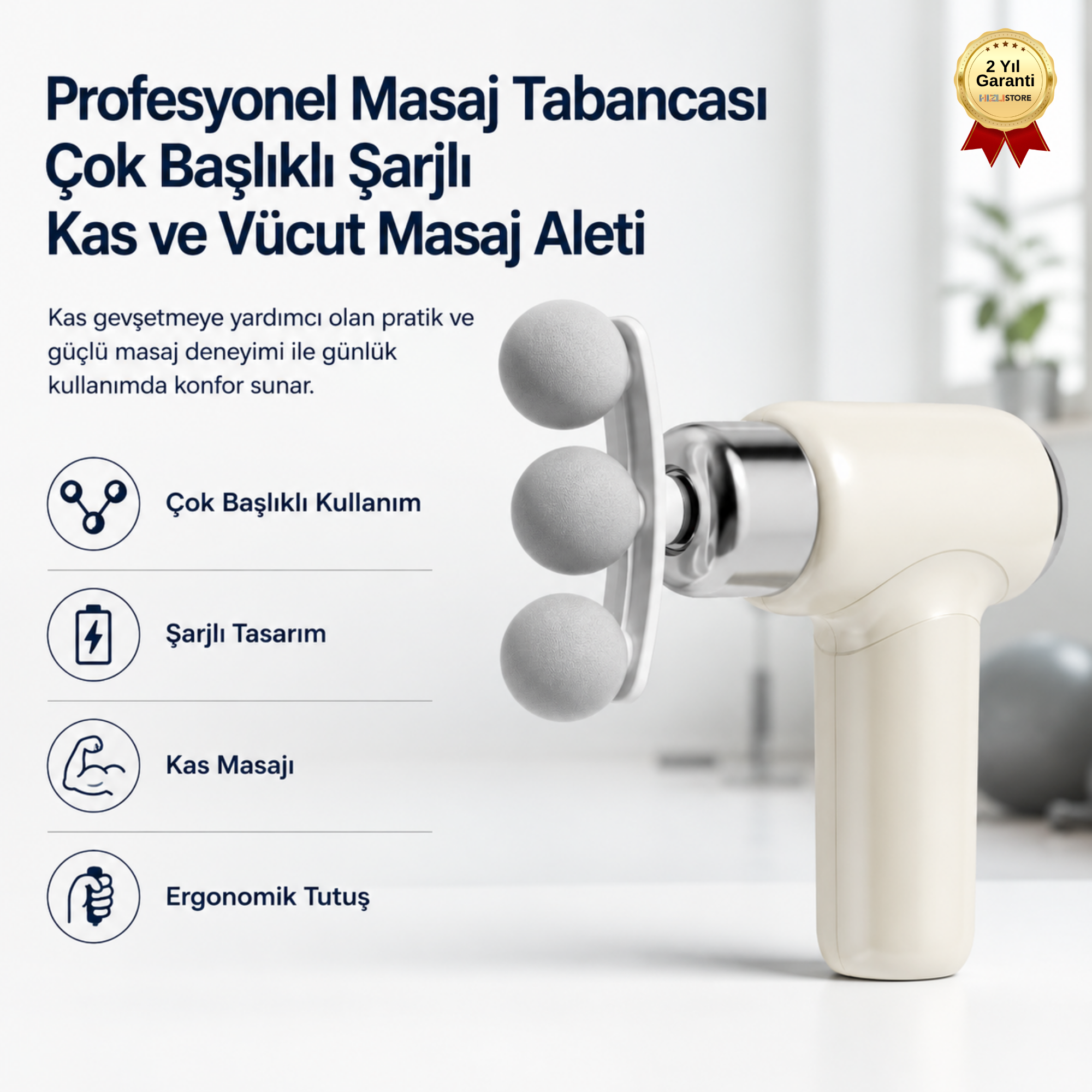 Profesyonel Masaj Tabancası Çok Başlıklı Şarjlı Kas ve Vücut Masaj Aleti 