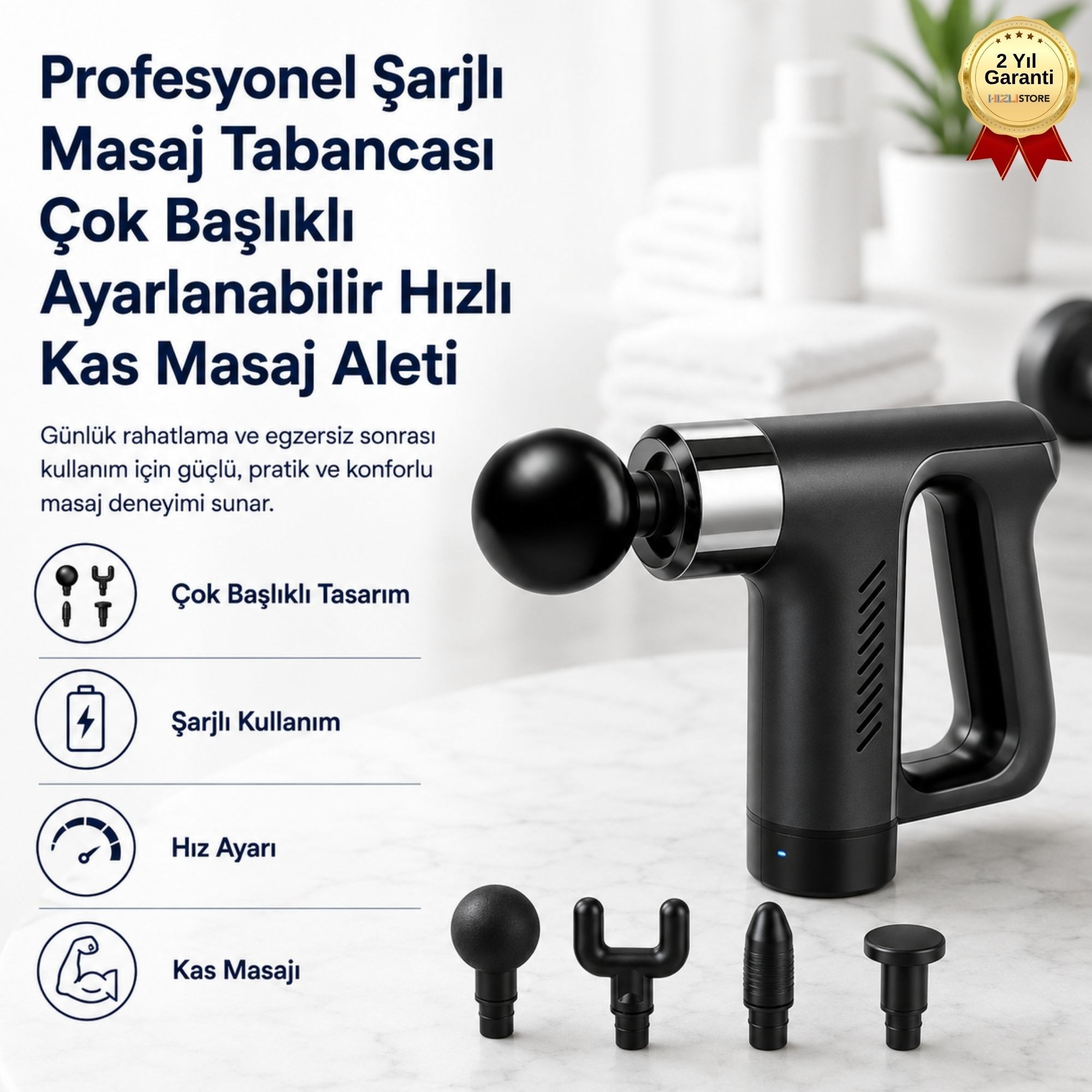 Profesyonel Şarjlı Masaj Tabancası Çok Başlıklı Ayarlanabilir Hızlı Kas Masaj Aleti 