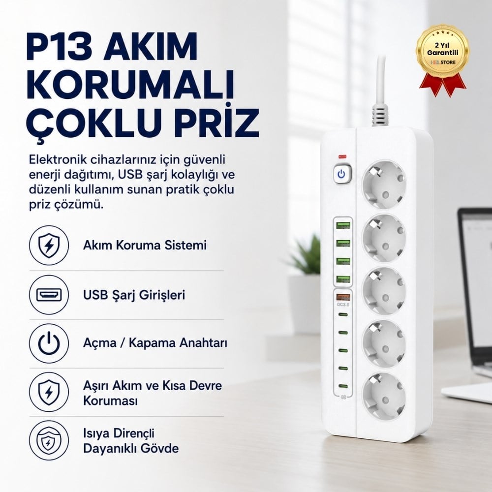 Protech P13 Akım Korumalı Çoklu Priz – USB Girişli, Anahtarlı, Yüksek Güvenlikli Elektrik Prizi 