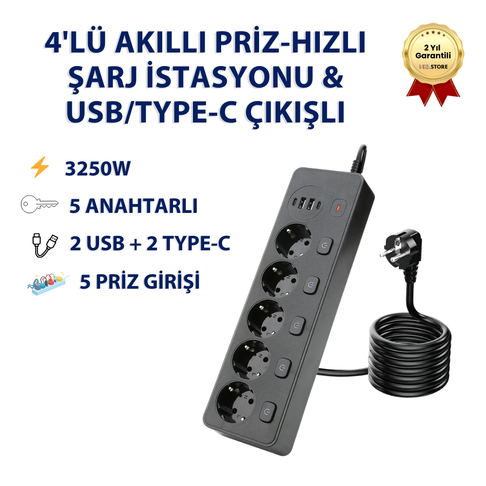 PS-13 Slim Seri 4'lü Akıllı Priz-Hızlı Şarj İstasyonu & USB/Type-C Çıkışlı 