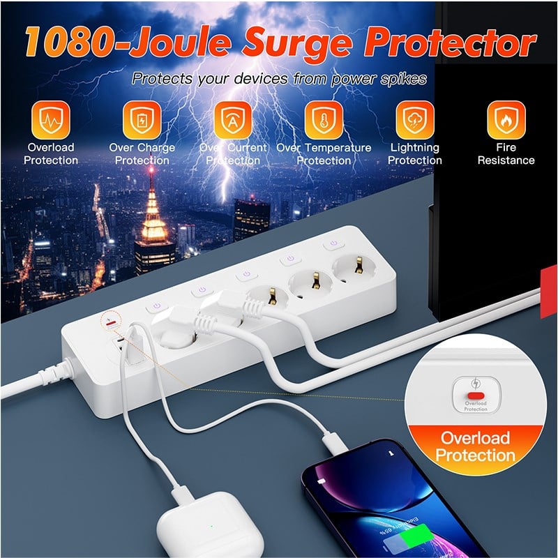 PS-13 Slim Seri 4'lü Akıllı Priz-Hızlı Şarj İstasyonu & USB/Type-C Çıkışlı 