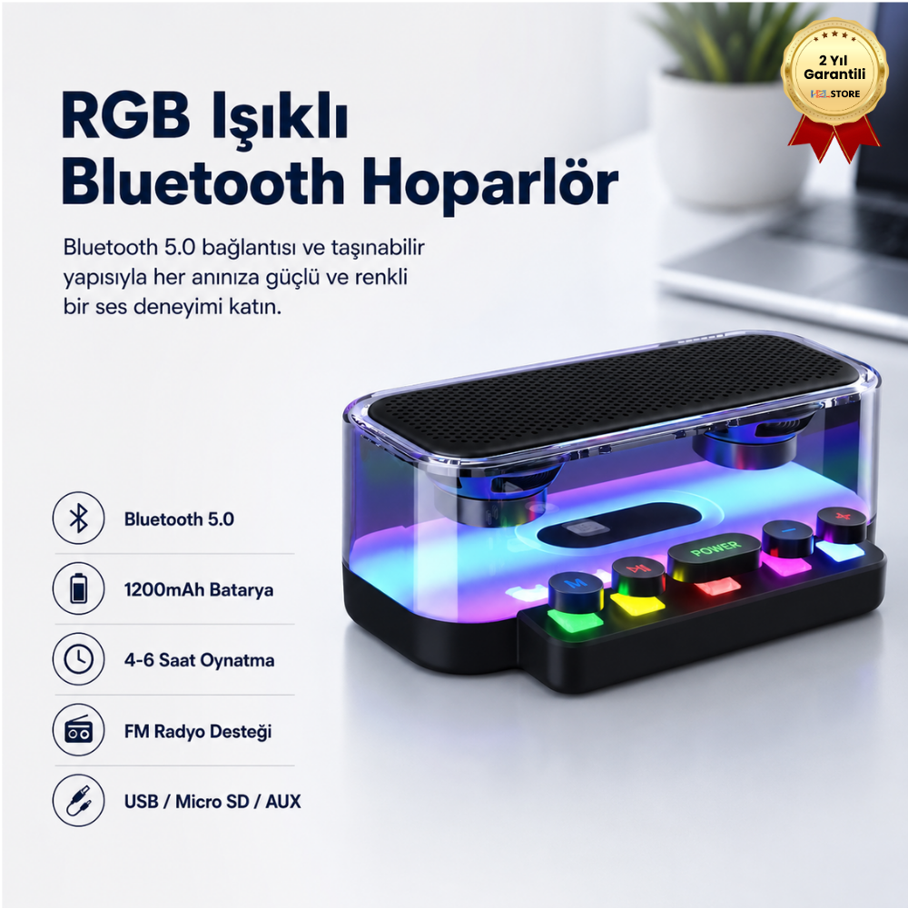 RGB Işıklı Bluetooth Hoparlör 1200mAh FM Radyolu Taşınabilir Kablosuz Speaker 