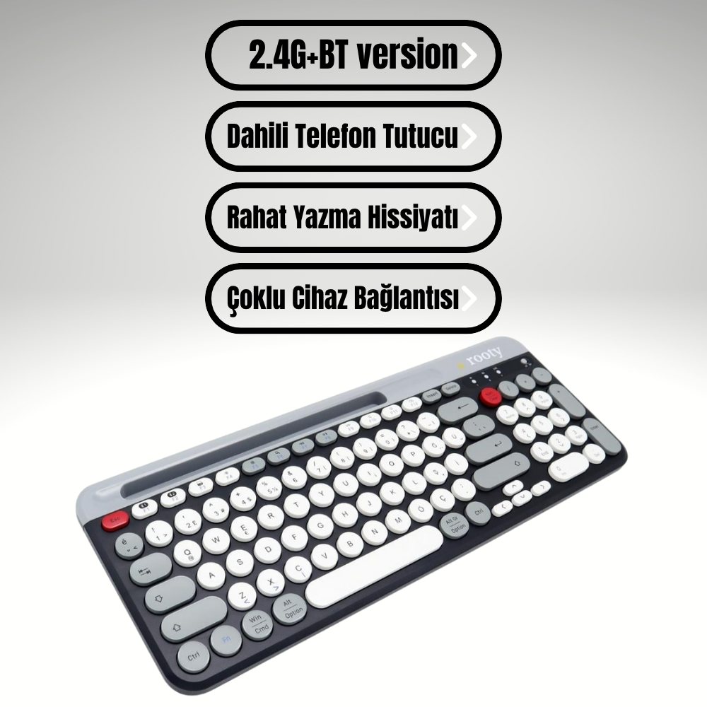 Rooty Bluetooth Klavye Mouse Set Çoklu Cihaz Bağlantılı 1200RPM Kablosuz Set 