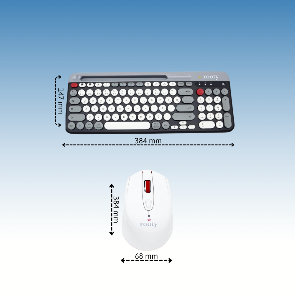 Rooty Bluetooth Klavye Mouse Set Çoklu Cihaz Bağlantılı 1200RPM Kablosuz Set 