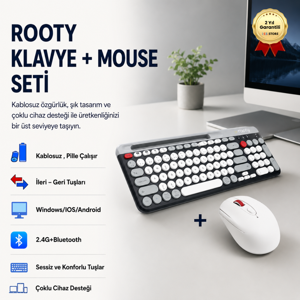 Rooty Bluetooth Klavye Mouse Set Çoklu Cihaz Bağlantılı 1200RPM Kablosuz Set 