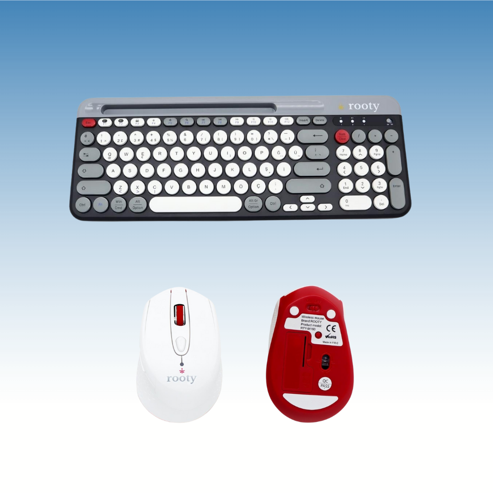 Rooty Bluetooth Klavye Mouse Set Çoklu Cihaz Bağlantılı 1200RPM Kablosuz Set 