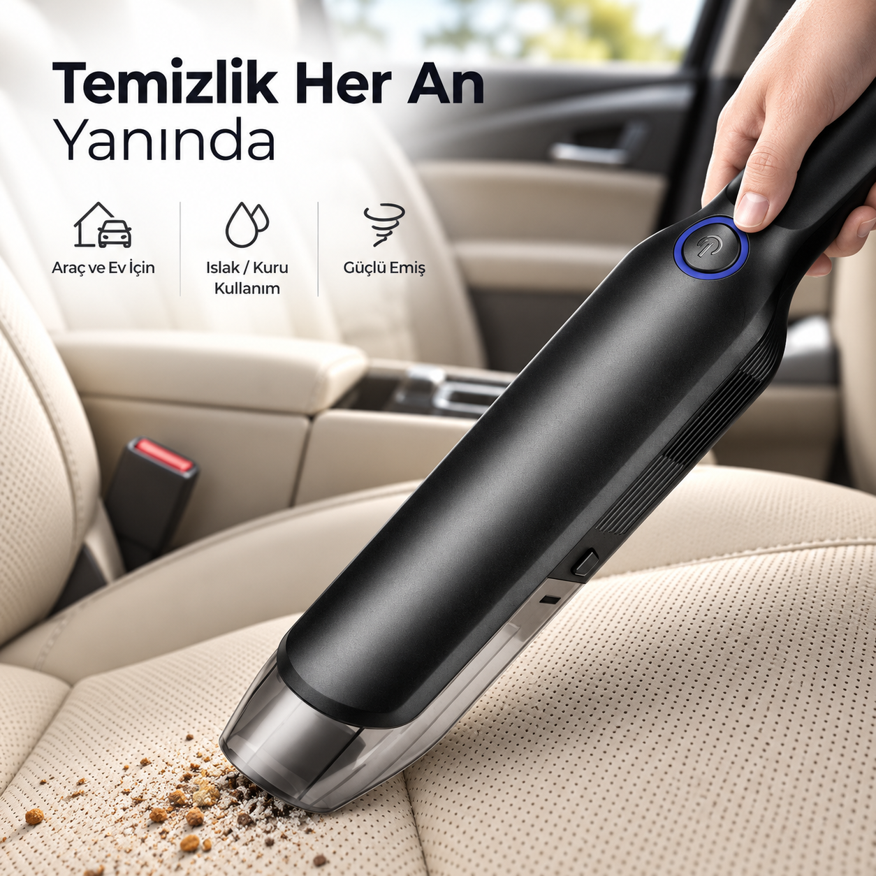 Rooty Güçlü Vakum 80W Portatif Taşınabilir Şarjlı Araç Ev Süpürgesi 2 Kademeli Yıkanabilir Filtreli 