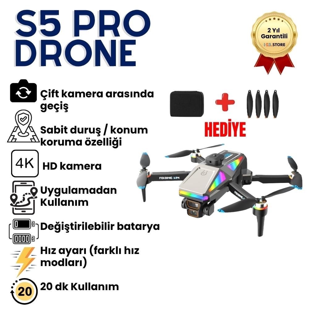 S5 Pro Akıllı Drone Katlanabilir ve 4K HD Kameralı Çift Lensli Yüksek Hızlı Çocuklar İçin uygun Drone 