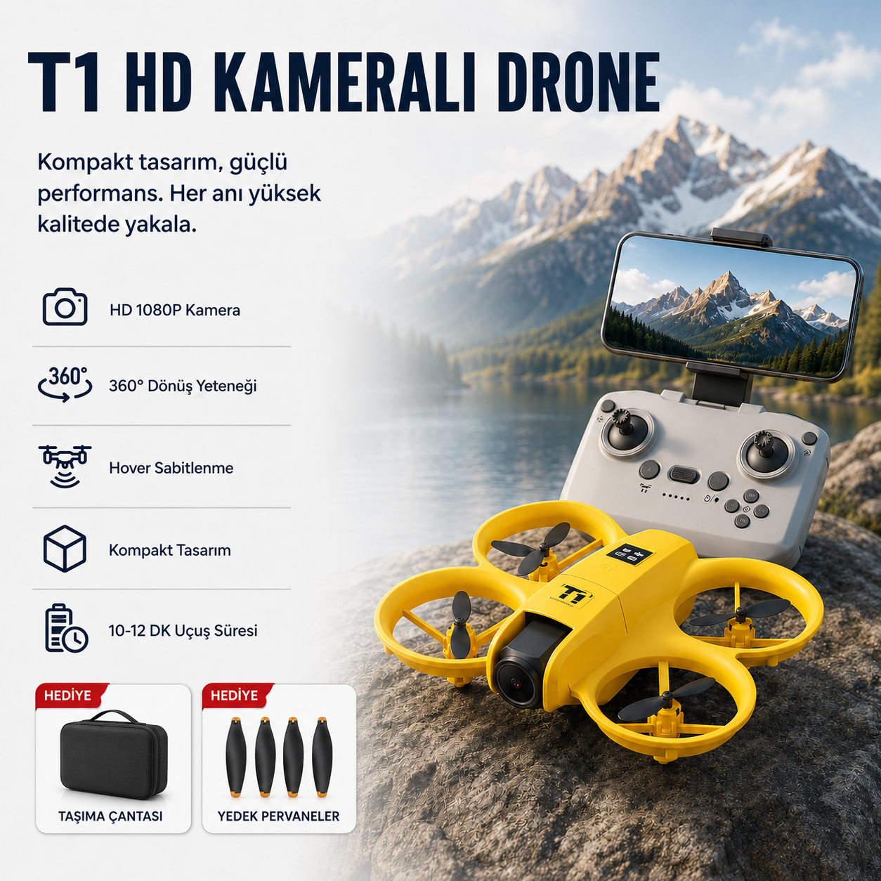 Sarı T1 HD Kameralı  360° Dönüşlü Taşınabilir Kompakt Drone 