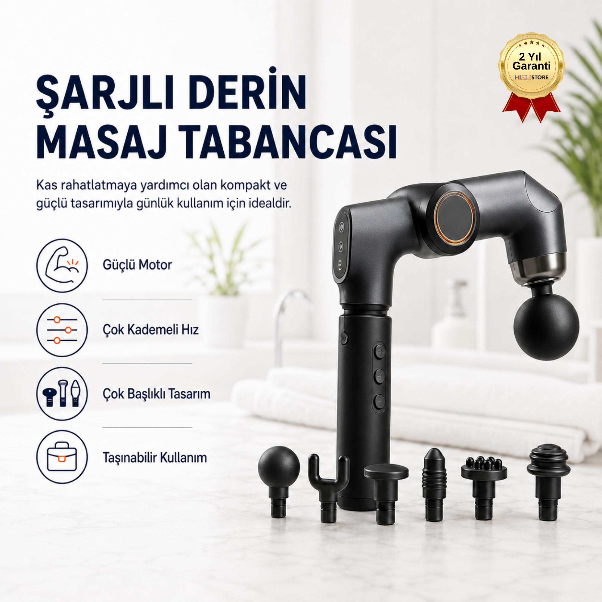 Şarjlı Derin Doku Masaj Tabancası Çok Başlıklı Ayarlanabilir Hızlı Kas Masaj Cihazı 