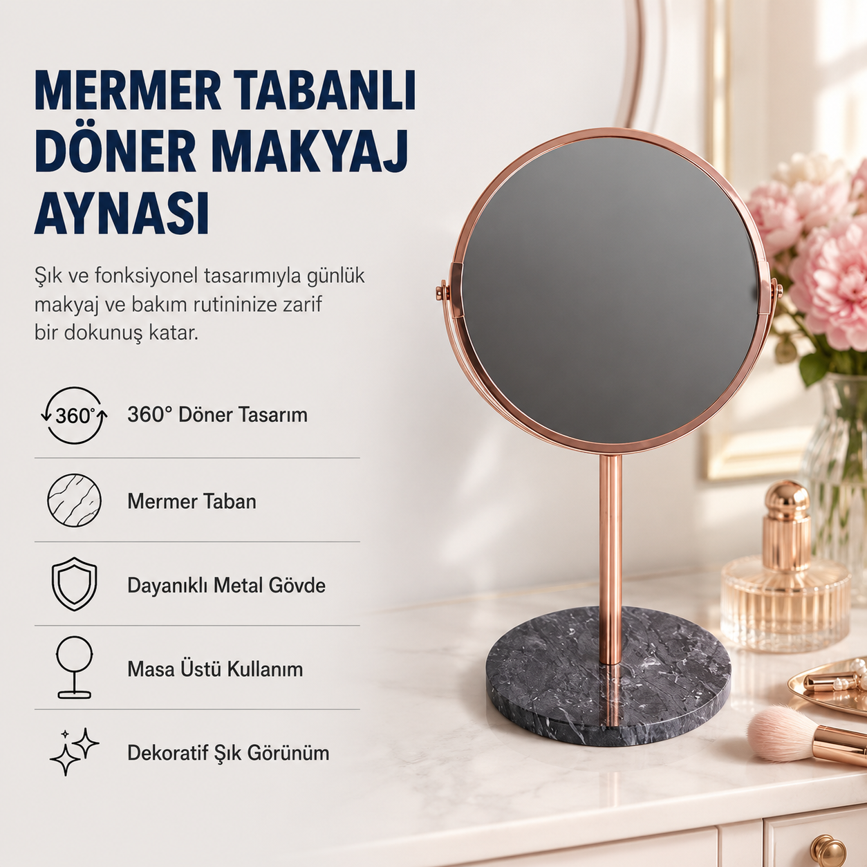 Şık Mermer Tabanlı Döner Masa Üstü Makyaj Aynası – Dekoratif Masa Aynası 