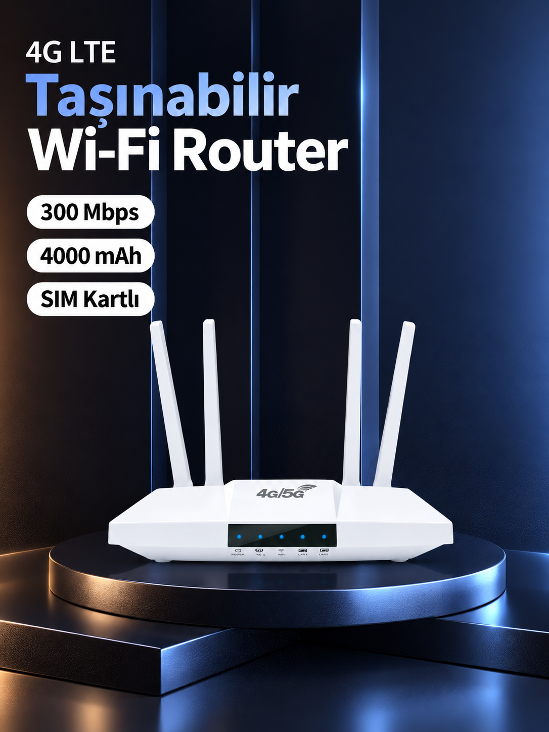 SIM Kartlı 4G LTE Taşınabilir Wi-Fi Router | 300 Mbps, 4000 mAh Batarya 