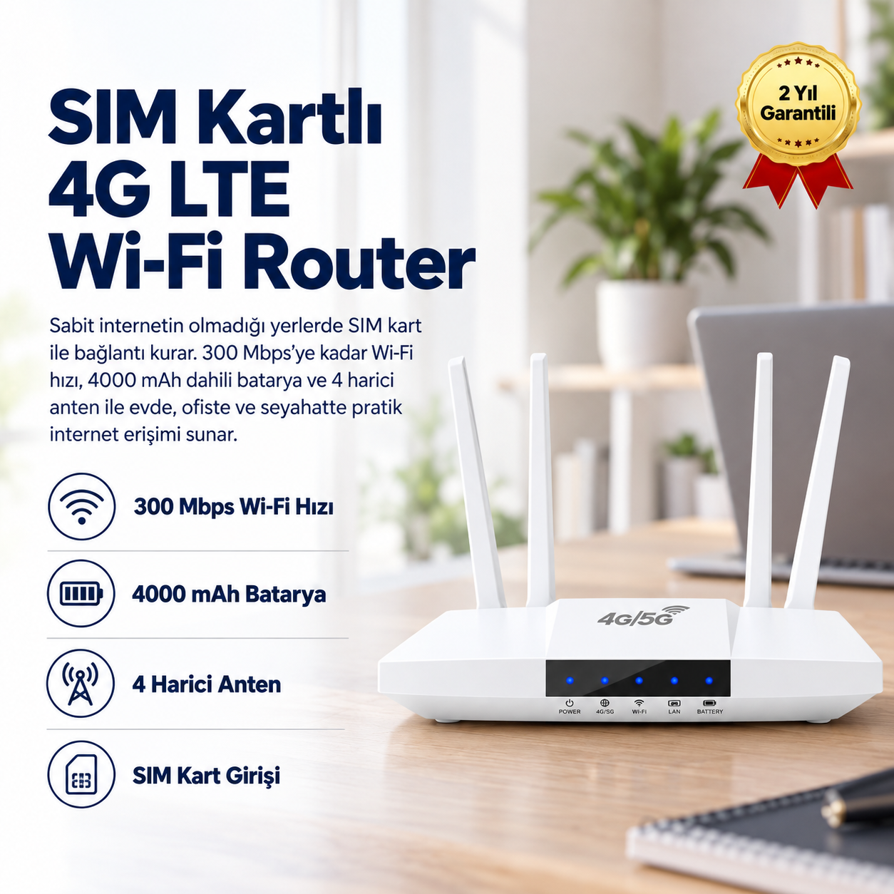SIM Kartlı 4G LTE Taşınabilir Wi-Fi Router | 300 Mbps, 4000 mAh Batarya 