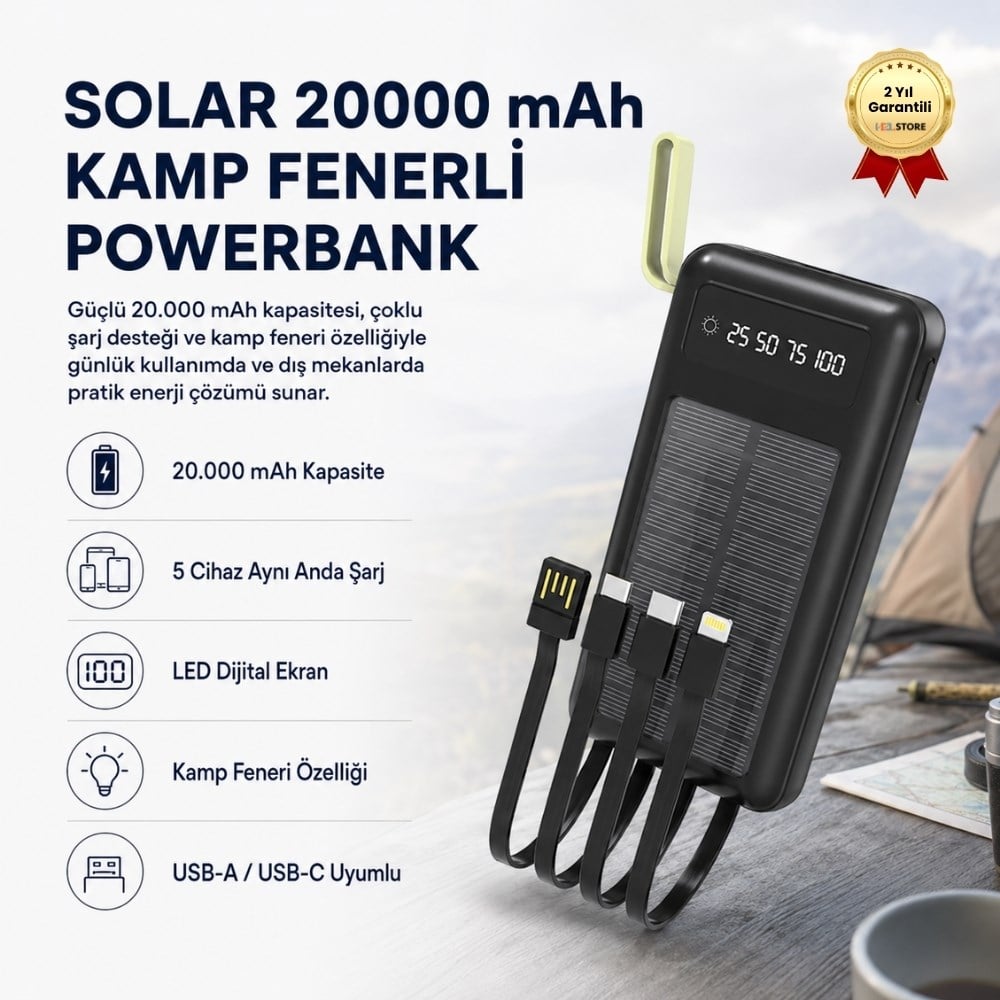 Solar 20,000mAh 5 Cihaz Aynı Anda Şarj Kamp Fenerli Hızlı Şarj Powerbank 