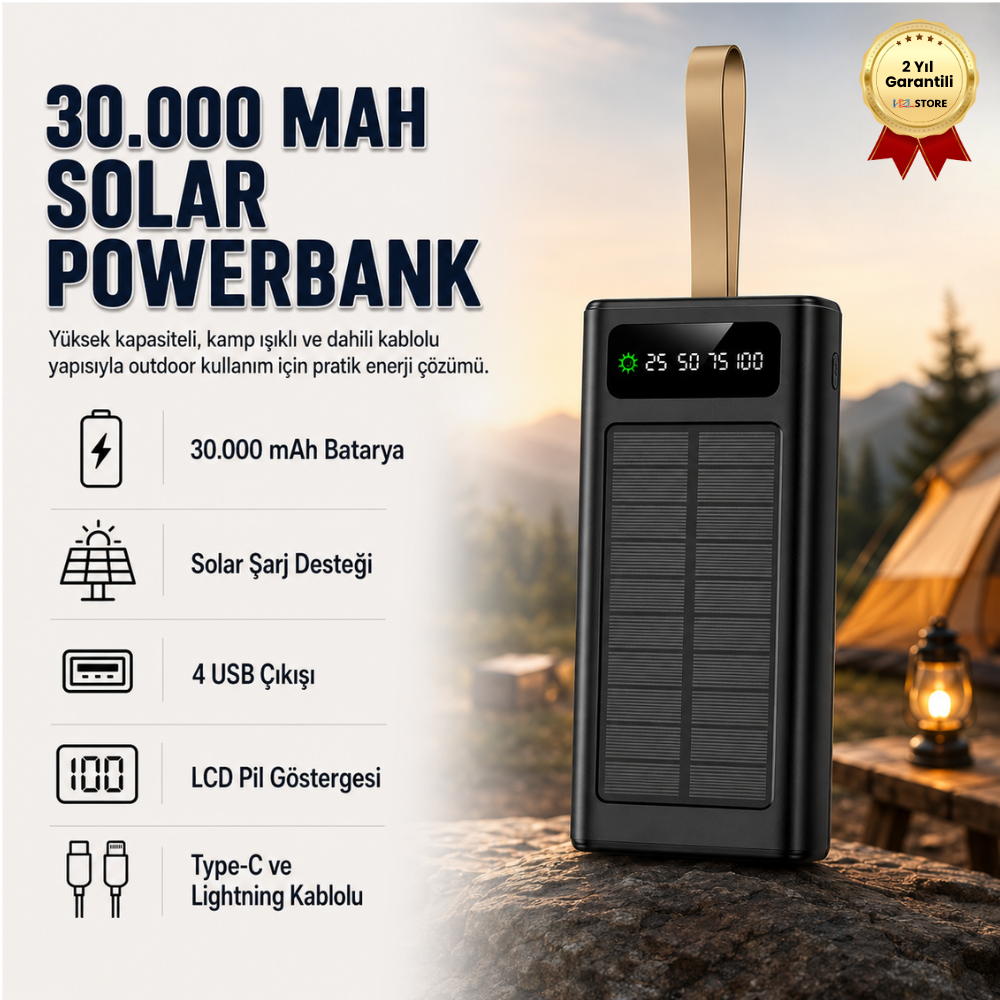 Solar 30.000mAh Powerbank Dijital Göstergeli, 4 USB Çıkışlı, Dahili Type-C ve Lightning Kablolu Powerbank 