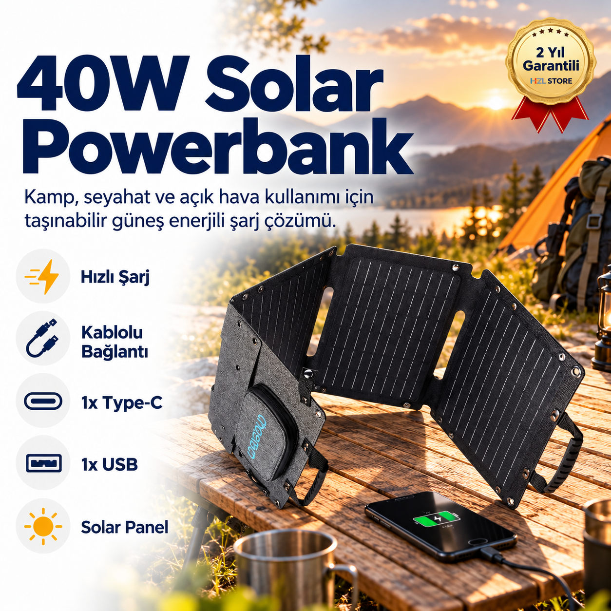 Solar Şarj 40W Güneş Enerjili Powerbank, Güç Ünitesi 
