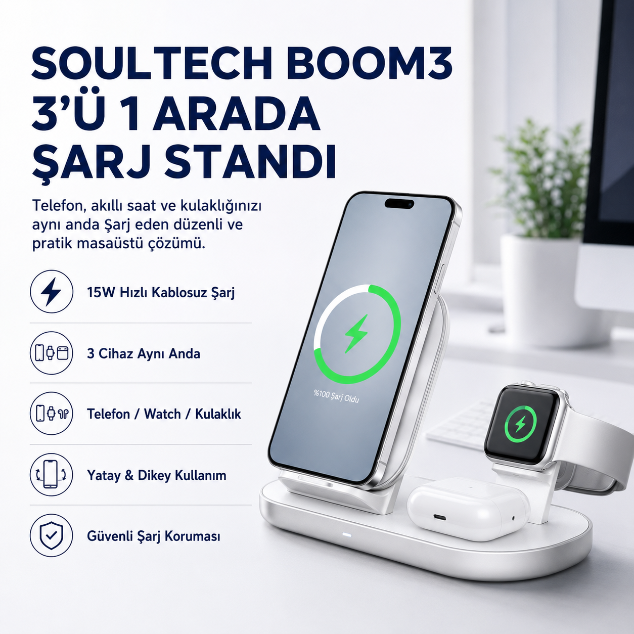 Soultech Boom3 15W 3-in-1 Kablosuz Şarj İstasyonu – Telefon, Apple Watch ve Kulaklık için Qi Wireless Charging Stand 