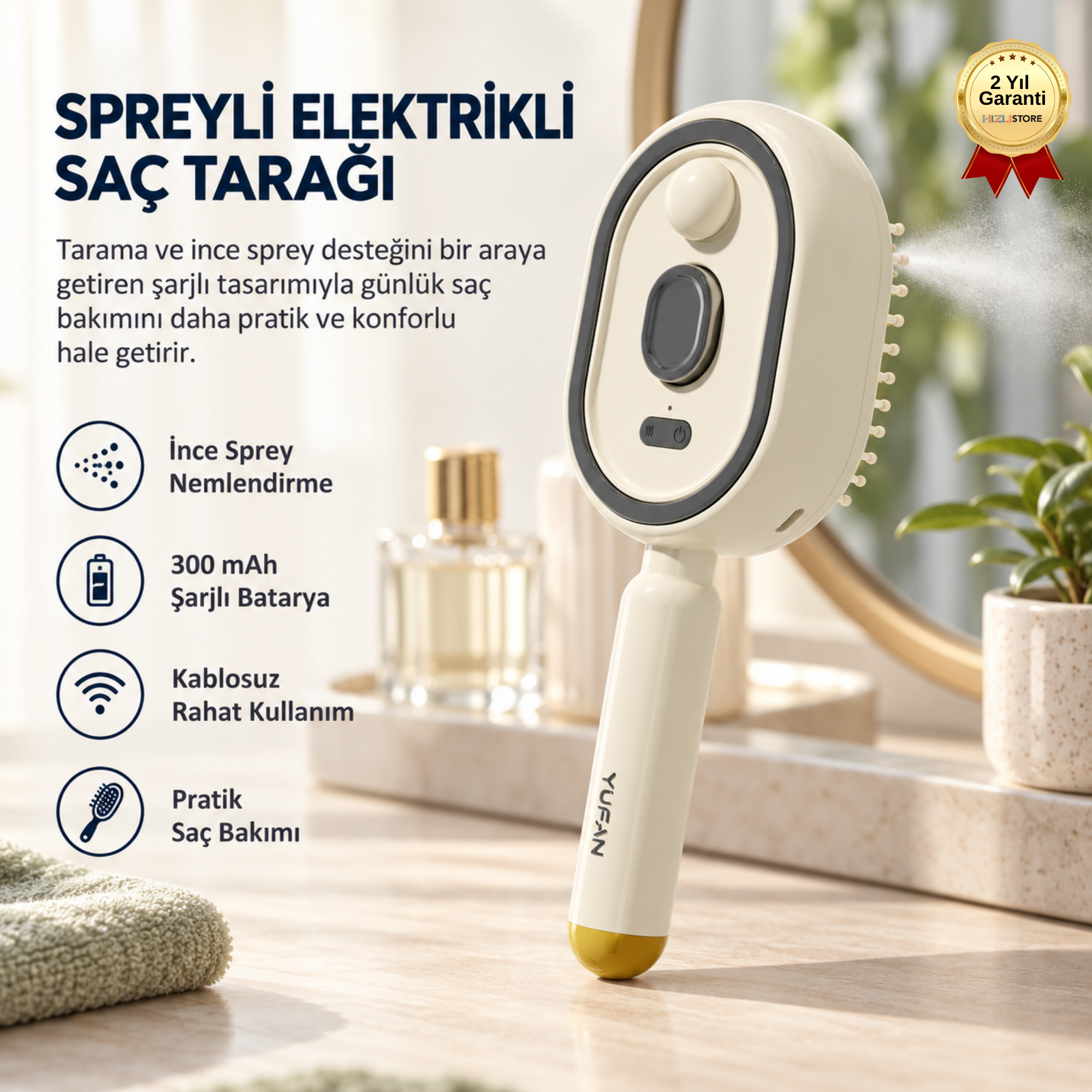 Spreyli Elektrikli Saç Tarağı 300 mAh Şarjlı Nemlendirme Özellikli 