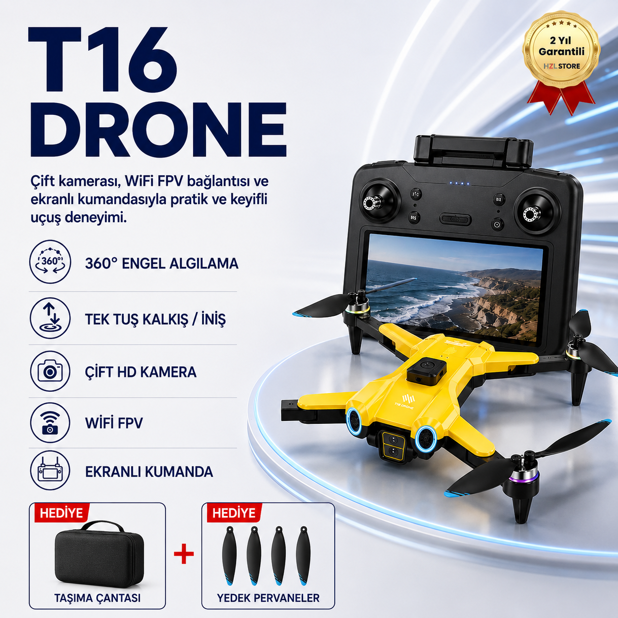T16  Drone 4K Çift Kameralı Büyük Ekran Kumandalı WiFi FPV 360° Engel Algılama Katlanabilir Drone 