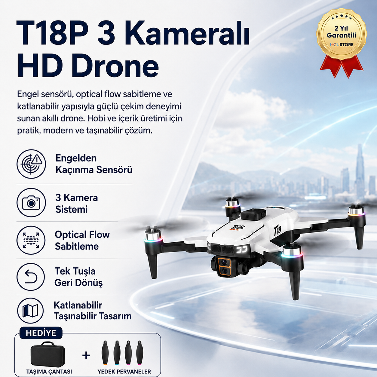 T18P 3 Kameralı 4K HD Drone, Engel Sensörlü Katlanabilir Akıllı Drone, Optical Flow 