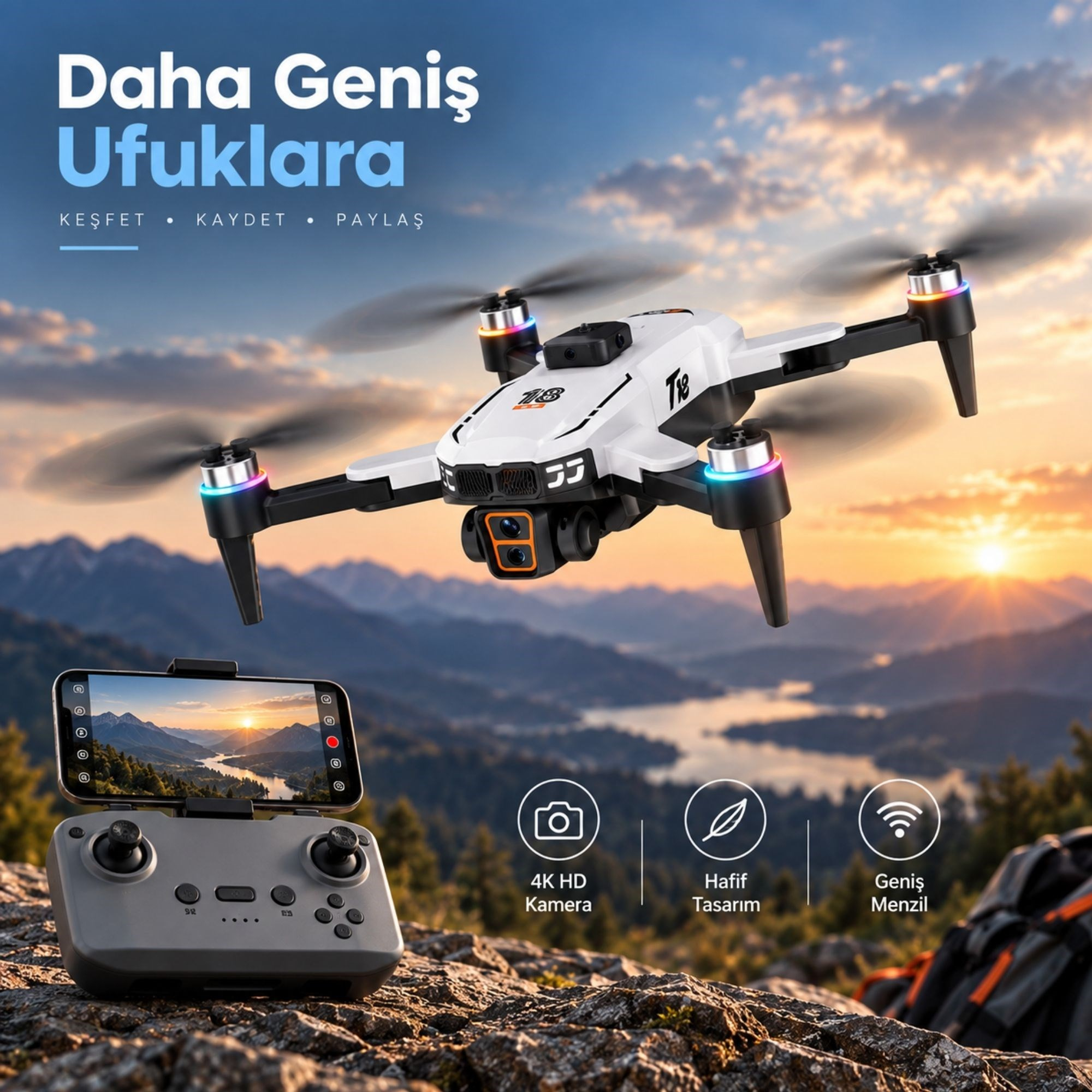 T18P Drone 3 Kameralı HD, Engel Sensörlü Katlanabilir Akıllı Drone, Optical Flow 