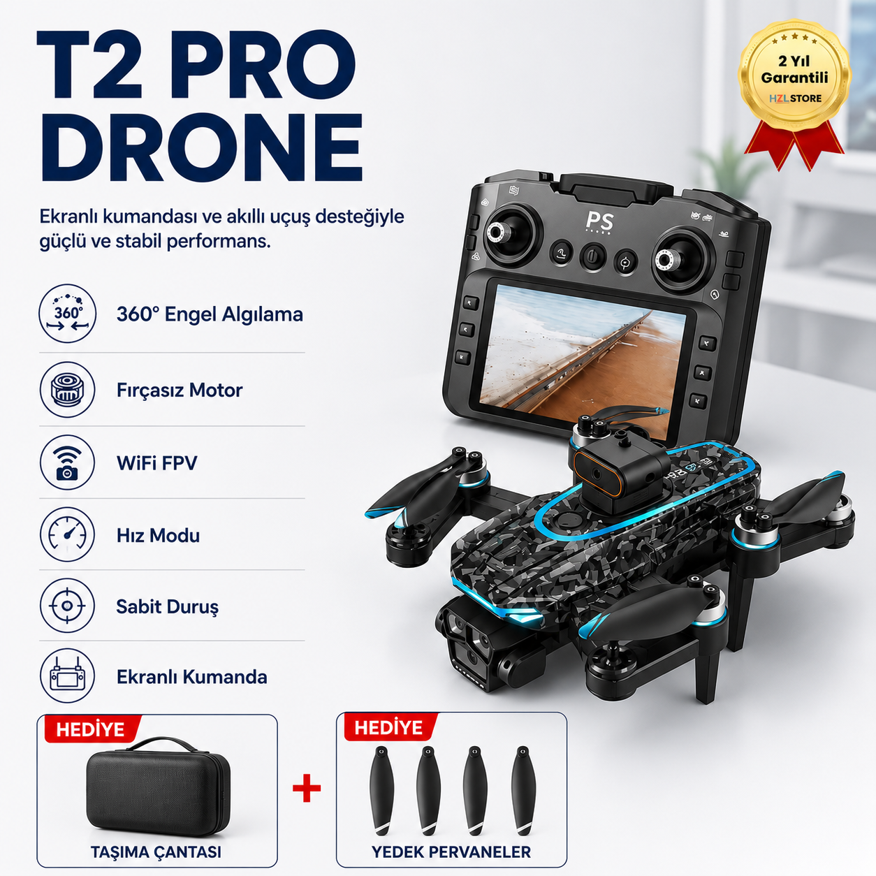 T2 Pro  Drone 4K Üç Kameralı GPS WiFi FPV 360° Engel Algılama Büyük Ekran Kumandalı Katlanabilir Drone 