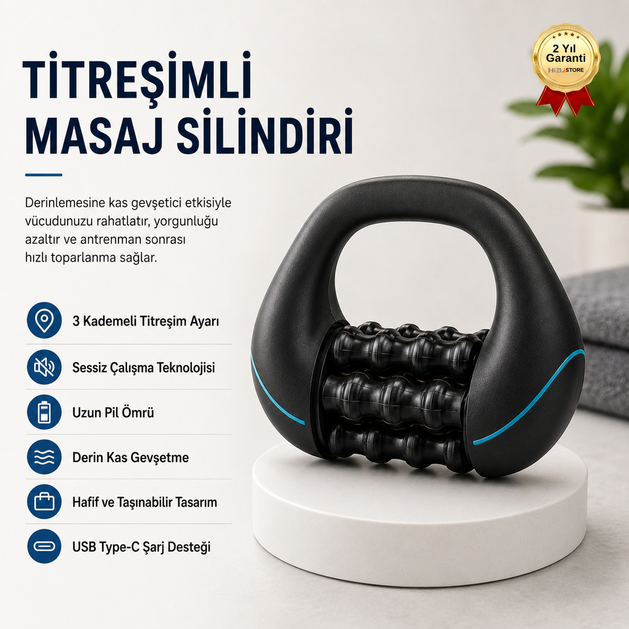 Titreşimli Masaj Silindiri 3 Kademeli Sessiz Taşınabilir Kas Gevşetici Masaj Aleti 