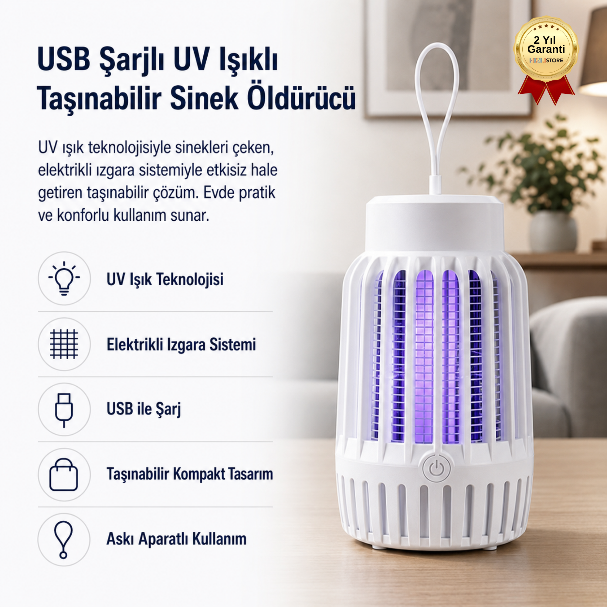 USB Şarjlı  UV Işıklı Taşınabilir Sinek Öldürücü 