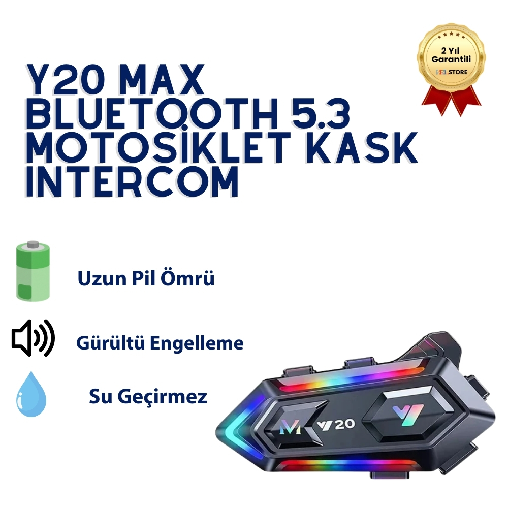 Y20 MAX Bluetooth 5.3 Motosiklet Kask Intercom – 2'li Konuşma, Uzun Mesafe, Gürültü Engelleme, Işıklı, Su Geçirmez Kulaklık 