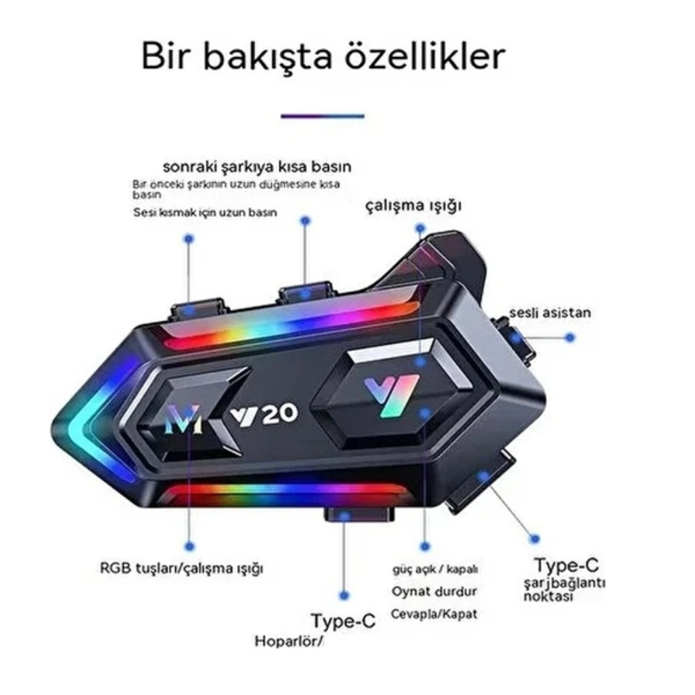 Y20 MAX Bluetooth 5.3 Motosiklet Kask Intercom – 2'li Konuşma, Uzun Mesafe, Gürültü Engelleme, Işıklı, Su Geçirmez Kulaklık 