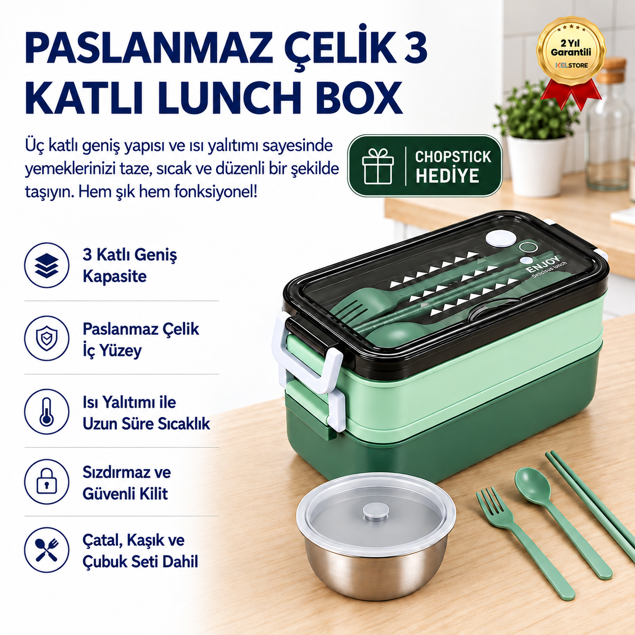 Yeşil Paslanmaz Çelik 3 Katlı Yemek Taşıma Kabı Isı Yalıtımlı Lunch Box 