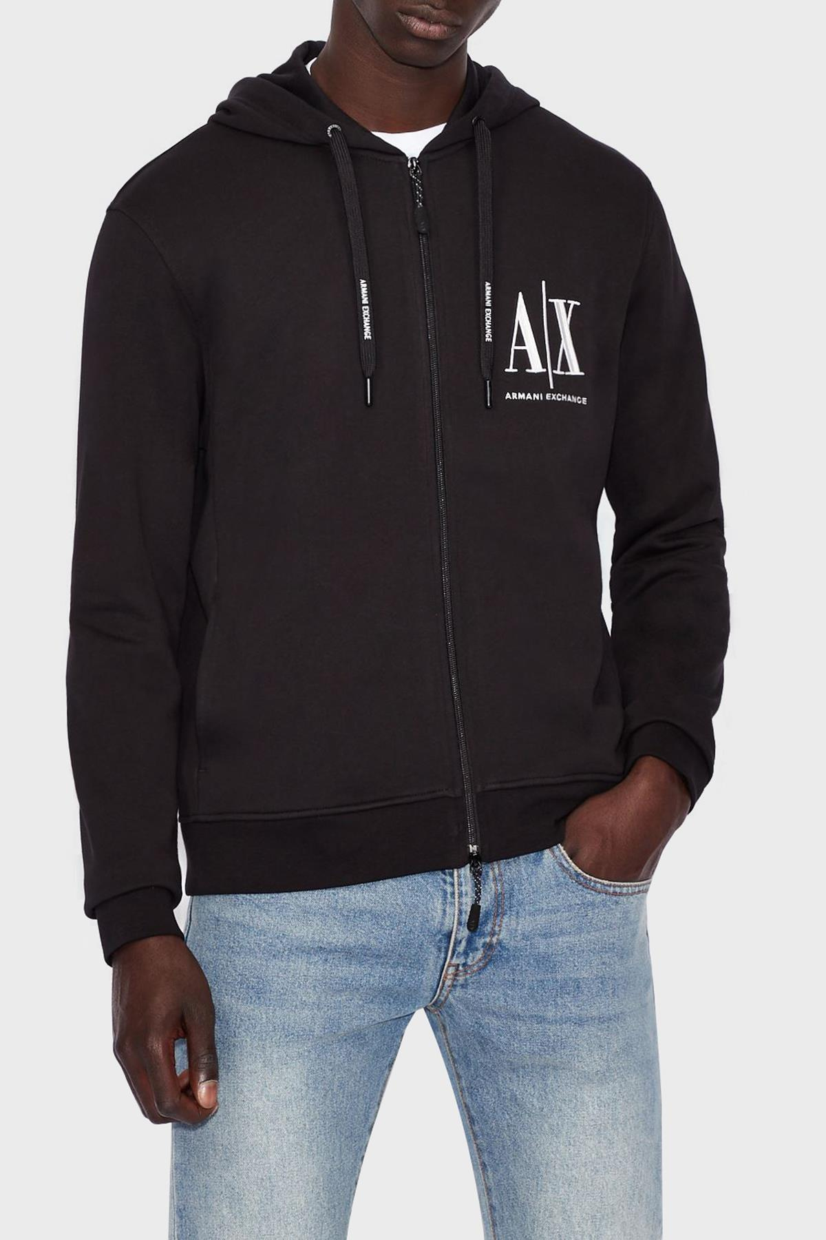 Armani Exchange Armani Exchange Erkek Kapüşonlu Fermuar Kapamalı Cepli Uzun Kol Siyah Sweatshirt 8NZMPP ZJ1ZZ-1200
