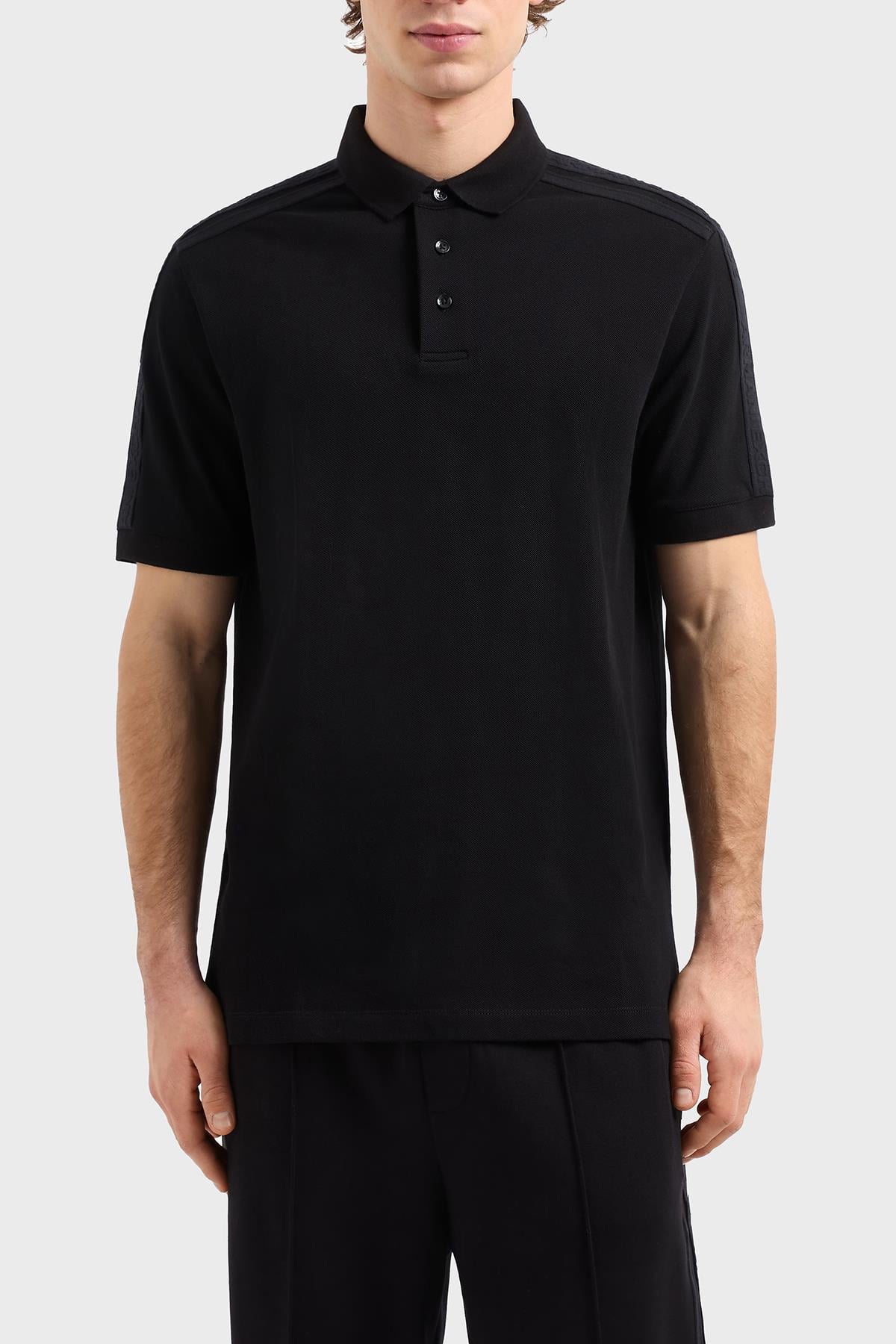 ARMANI EXCHANGE Armani Exchange Erkek Normal Kalıp Omuz Marka Bantlı %100 Pamuklu Kısa Kollu Siyah Polo Yaka T-Shirt XM000307 AF10366-UC001