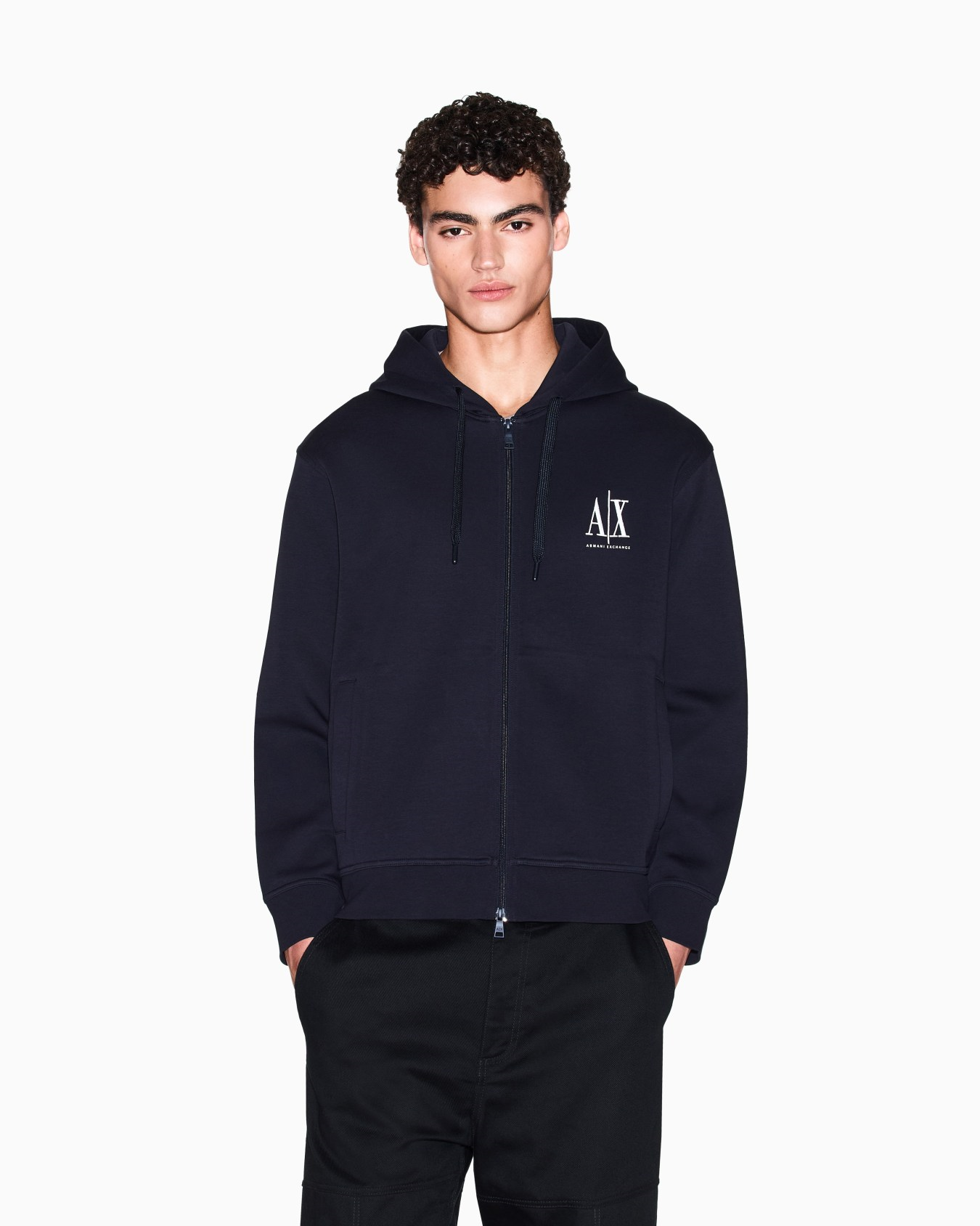 Armani Exchange Armani Exchange Erkek Normal Kalıp AX Logo Detaylı Fermuarlı Kapüşonlu Uzun Kollu Lacivert Sweatshirt XM000371 AF10818-UB101