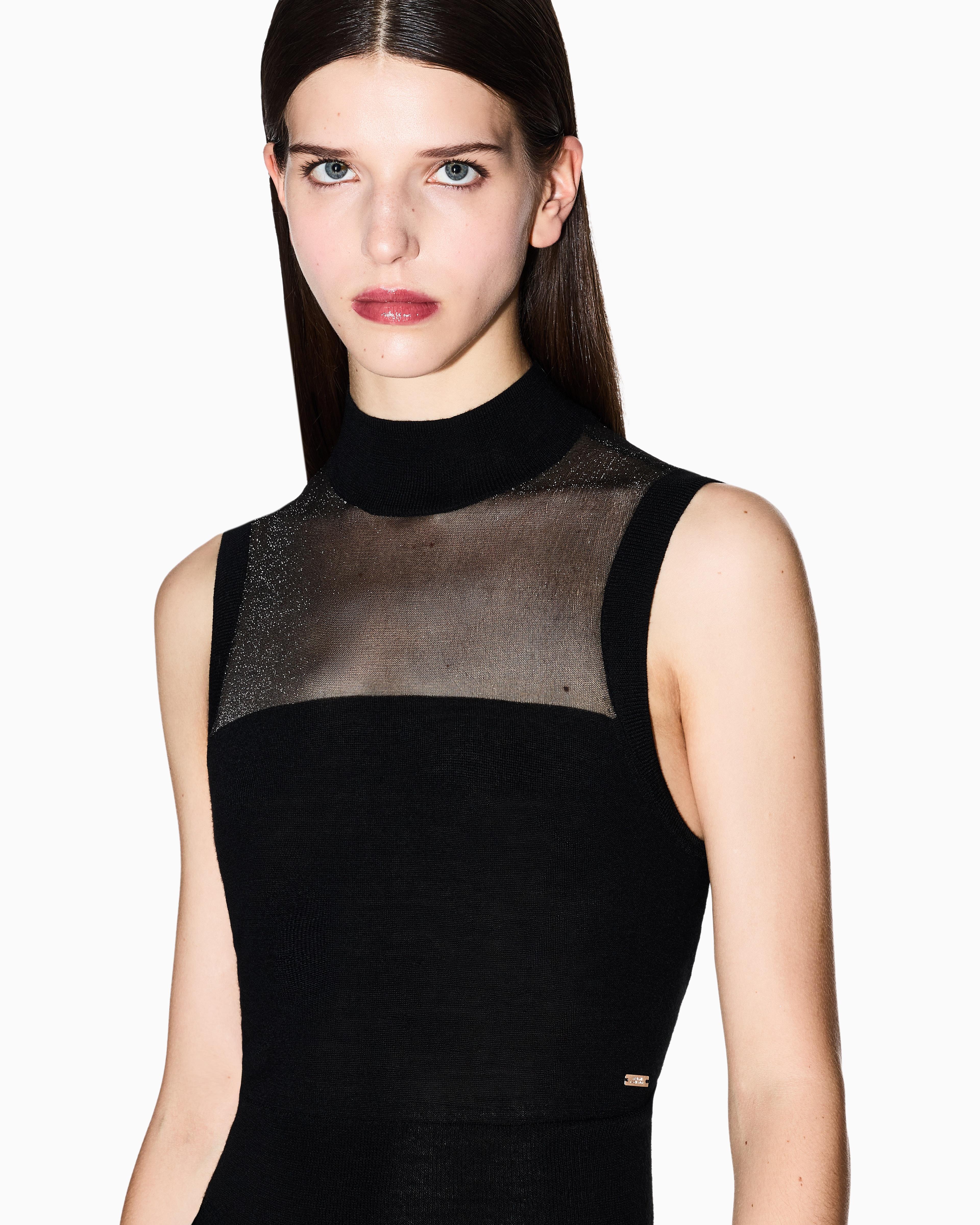 Armani Exchange Armani Exchange Kadın Dar Kalıp Balıkçı Yaka Tül Detaylı Crop Siyah Bluz XW001323 AF13781-MC108