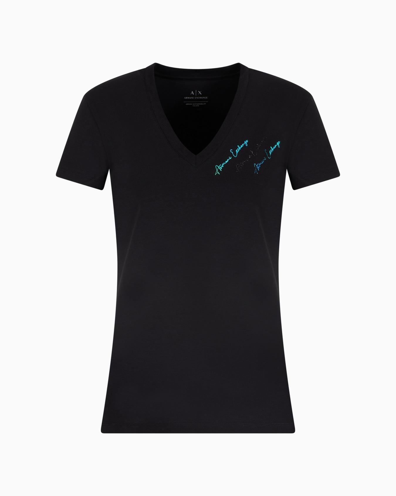 ARMANI EXCHANGE Armani Exchange Kadın Kısa Kollu V Yaka Dokuma Kumaş Siyah T-Shirt XW000600 AF10355-UC001