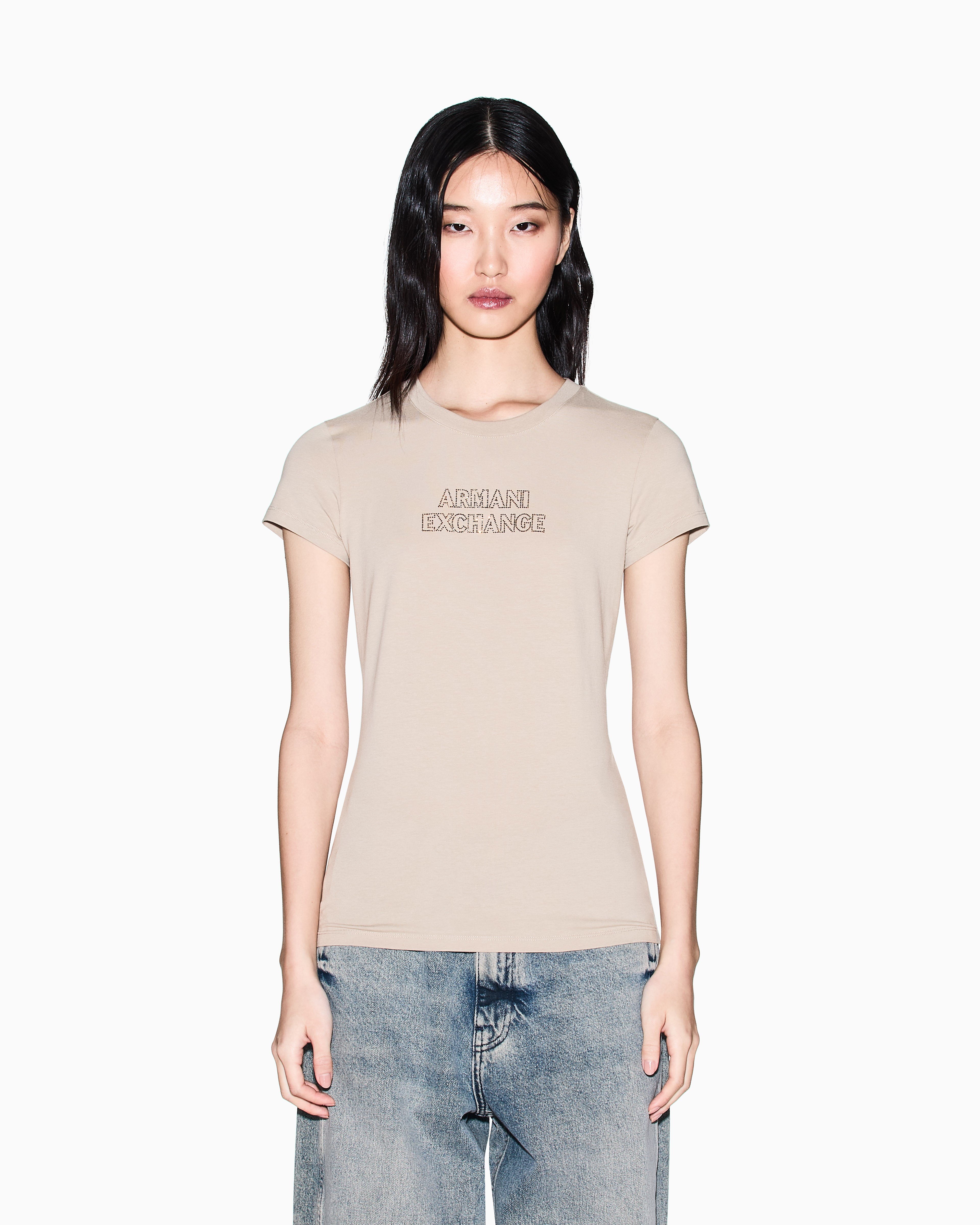 Armani Exchange Armani Exchange Kadın Yuvarlak Yaka Pamuklu Kısa Kol Logo Yazı Desenli Bej T-Shirt XW002293 AF17173-U6223