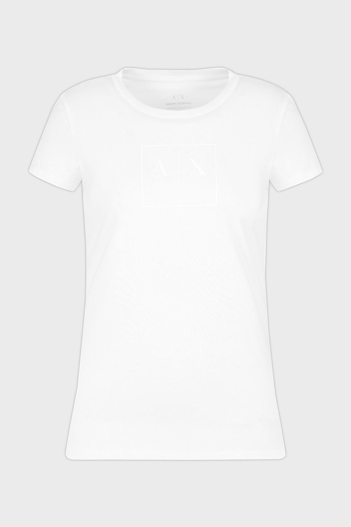 ARMANI EXCHANGE Armani Exchange Kadın Slim Fit Göğüste Dokulu Logo Desenli Pamuklu Kısa Kollu Beyaz T-Shirt XW000530 AF10359-U0002