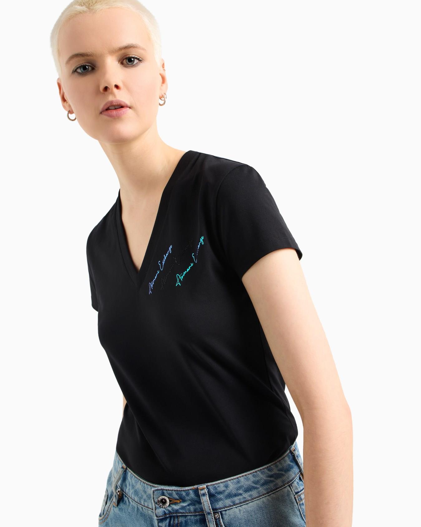 ARMANI EXCHANGE Armani Exchange Kadın Kısa Kollu V Yaka Dokuma Kumaş Siyah T-Shirt XW000600 AF10355-UC001