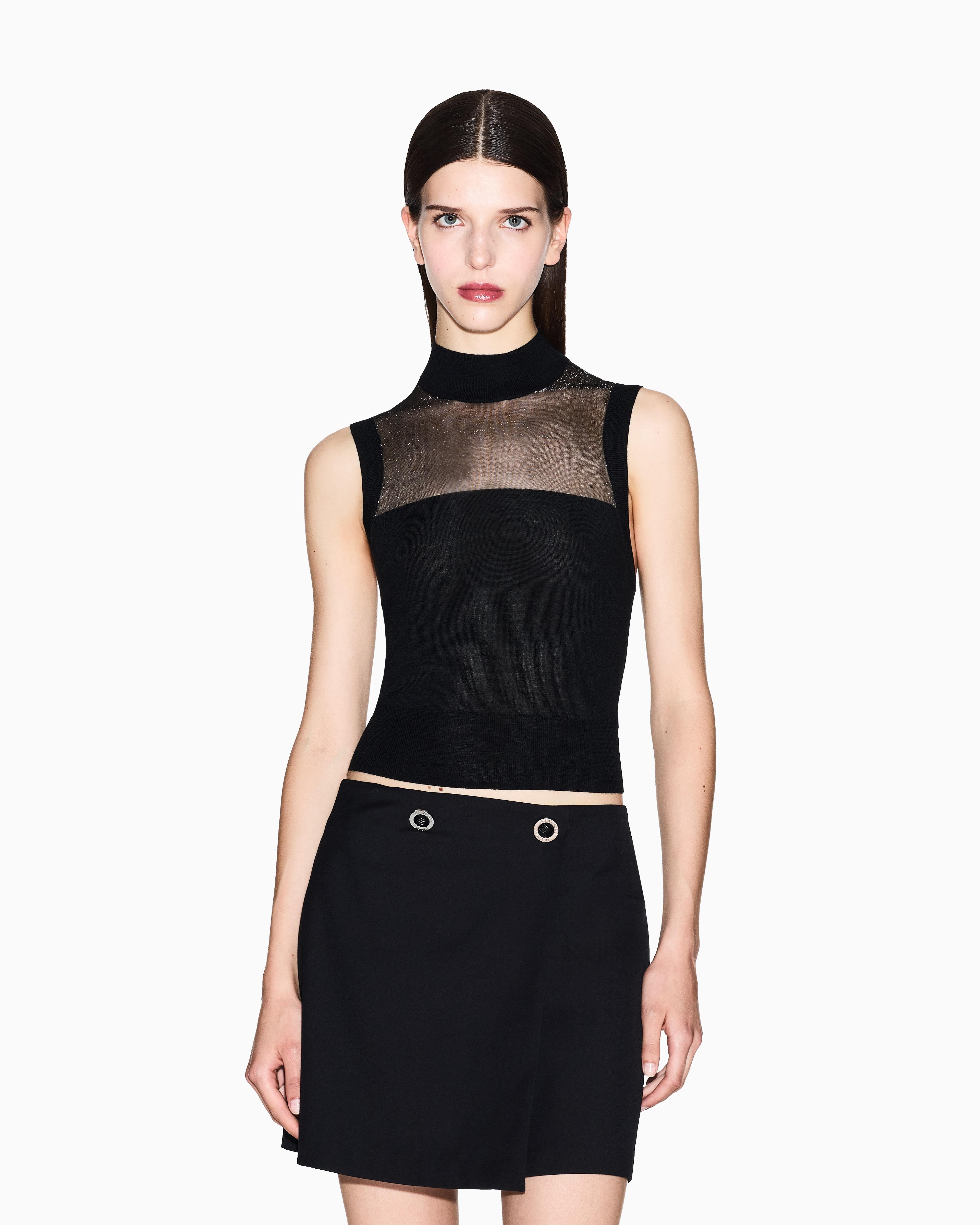 Armani Exchange Armani Exchange Kadın Dar Kalıp Balıkçı Yaka Tül Detaylı Crop Siyah Bluz XW001323 AF13781-MC108