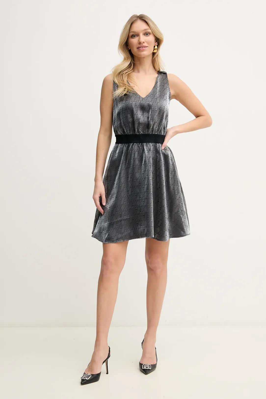 ARMANI EXCHANGE Armani Exchange Kadın Lastikli Bel Bandı İki Yan Cep Saten Parlak Kumaş V yaka Siyah Elbise XW000177 AF12055-FC043